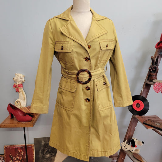 vtg 70s OLEG CASSINI JACKET // vintage italian belted parka womens medium yellow retro colors long oversized buckle sexy autumn boho fashion