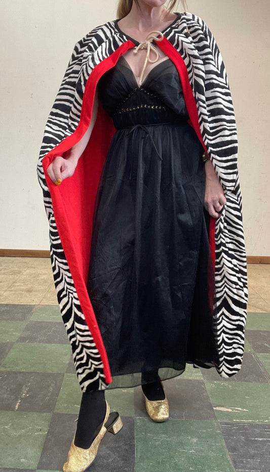 vtg 70s VELVET ZEBRA CAPE // vintage black white red animal print jacket abstract poncho dress glam rock drag womens retro style maxi dress
