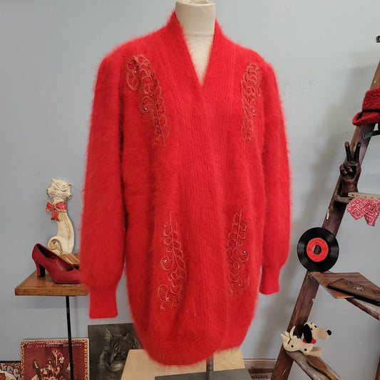vtg 80s FUZZY OVERSIZE CARDIGAN // vintage lee sands sweater jacket xl womens red beaded mohair baggy slouchy fancy soft evening date coat
