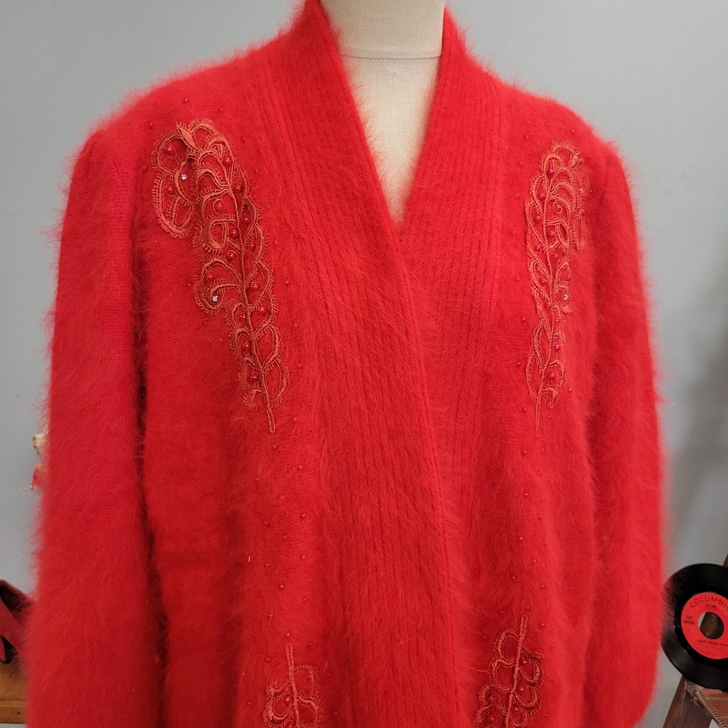 vtg 80s FUZZY OVERSIZE CARDIGAN // vintage lee sands sweater jacket xl womens red beaded mohair baggy slouchy fancy soft evening date coat