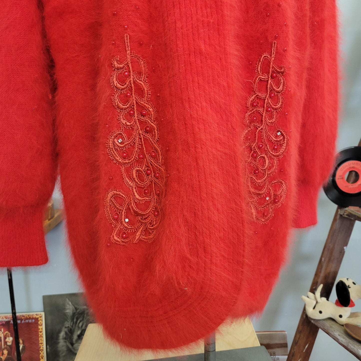 vtg 80s FUZZY OVERSIZE CARDIGAN // vintage lee sands sweater jacket xl womens red beaded mohair baggy slouchy fancy soft evening date coat