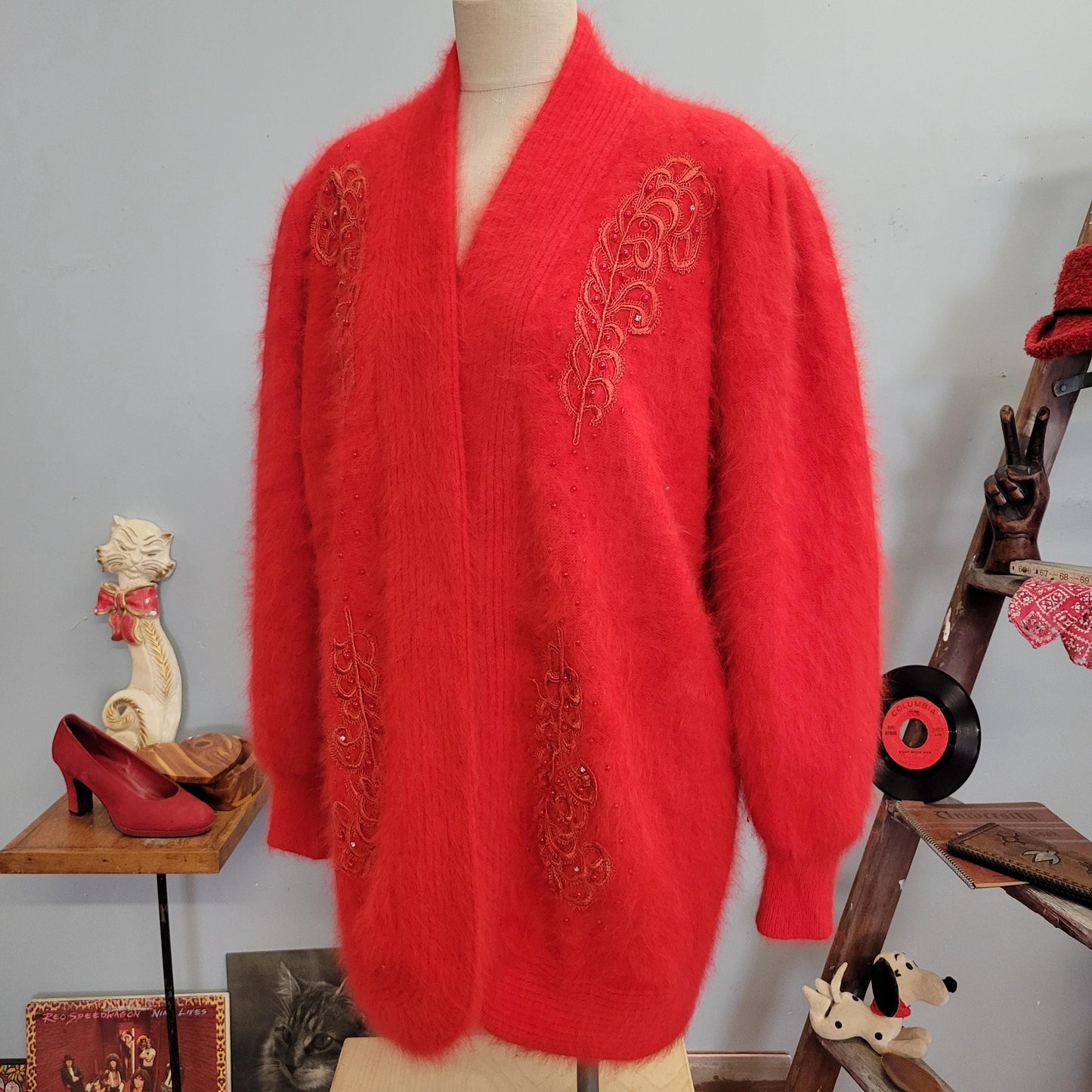 vtg 80s FUZZY OVERSIZE CARDIGAN // vintage lee sands sweater jacket xl womens red beaded mohair baggy slouchy fancy soft evening date coat