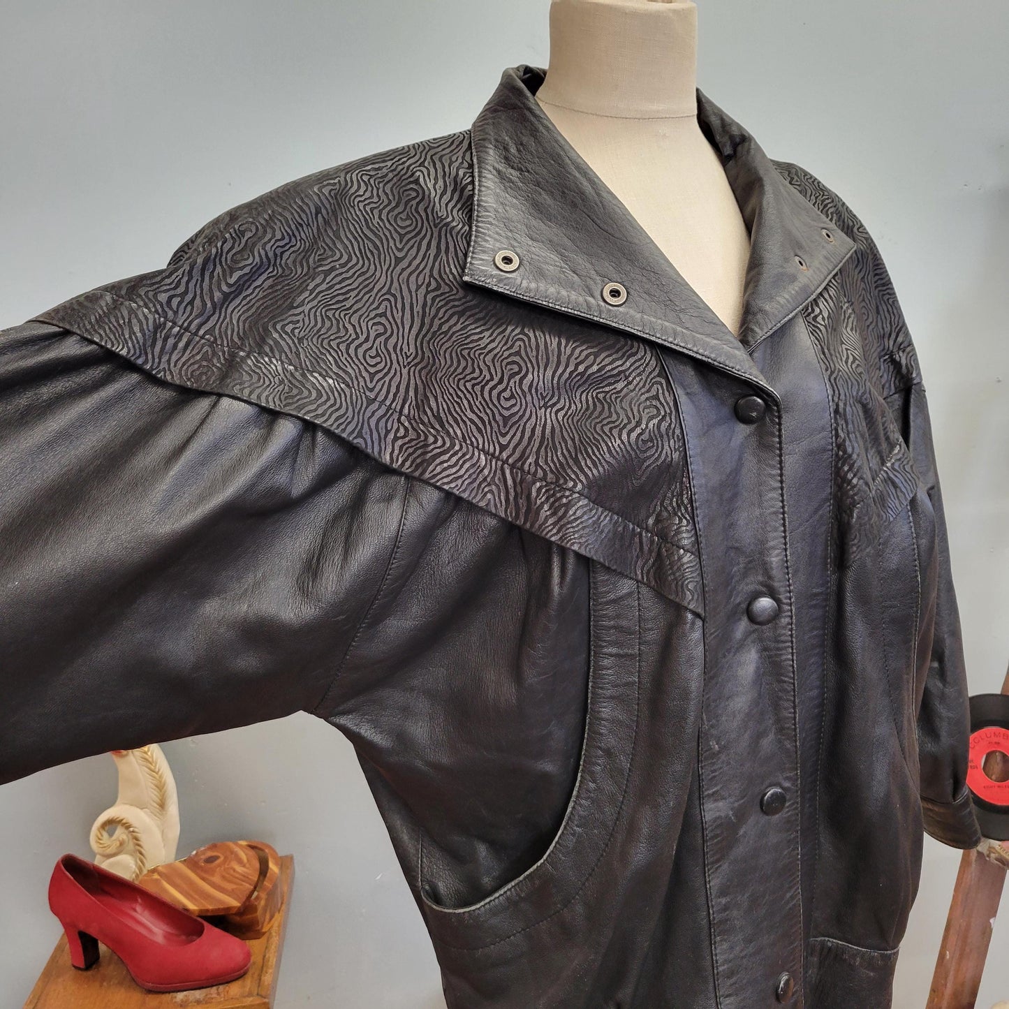 vtg 80s PATTERNED LEATHER JACKET // vintage glampier xl womens abstract print shoulder pads funky structured oversized black leather trench