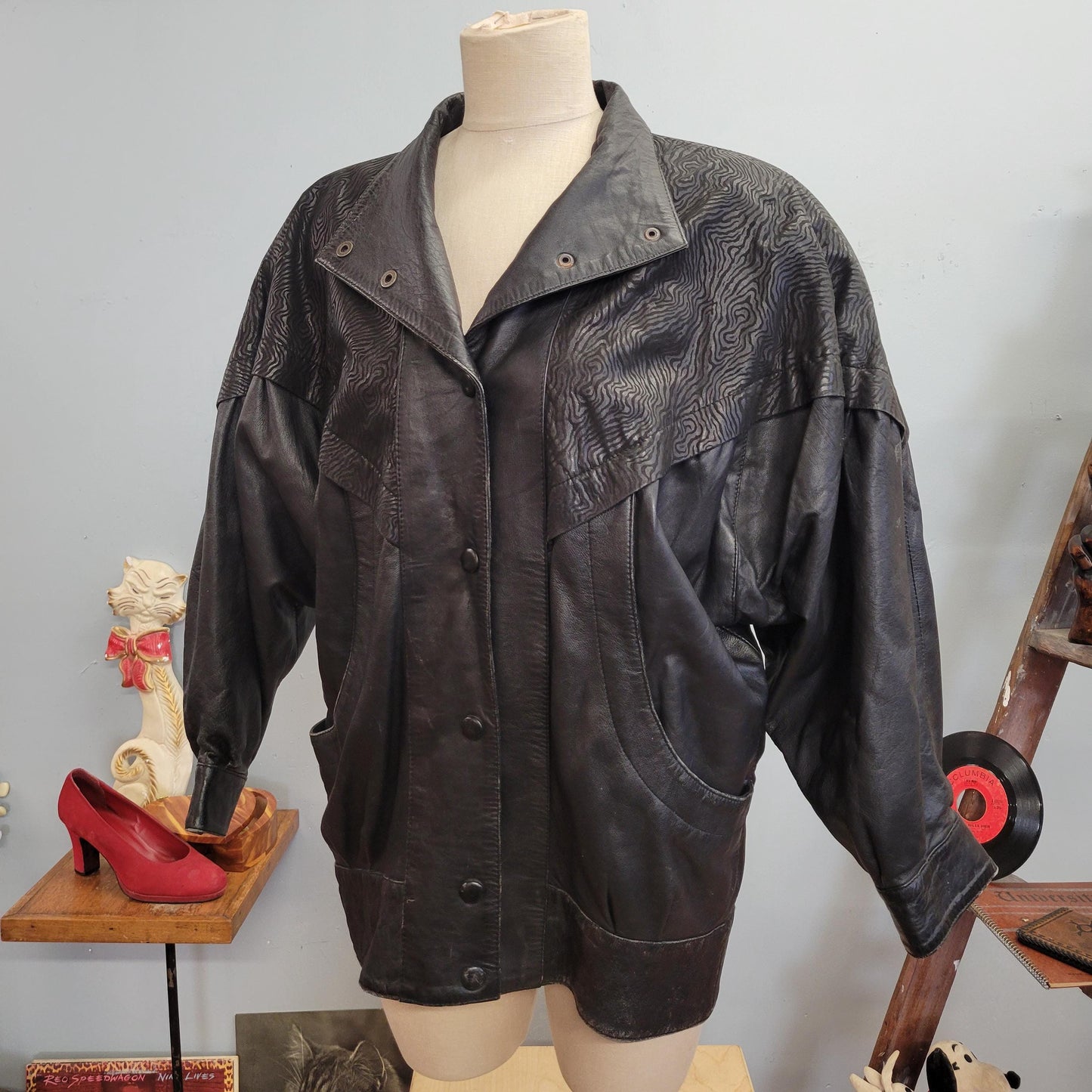 vtg 80s PATTERNED LEATHER JACKET // vintage glampier xl womens abstract print shoulder pads funky structured oversized black leather trench