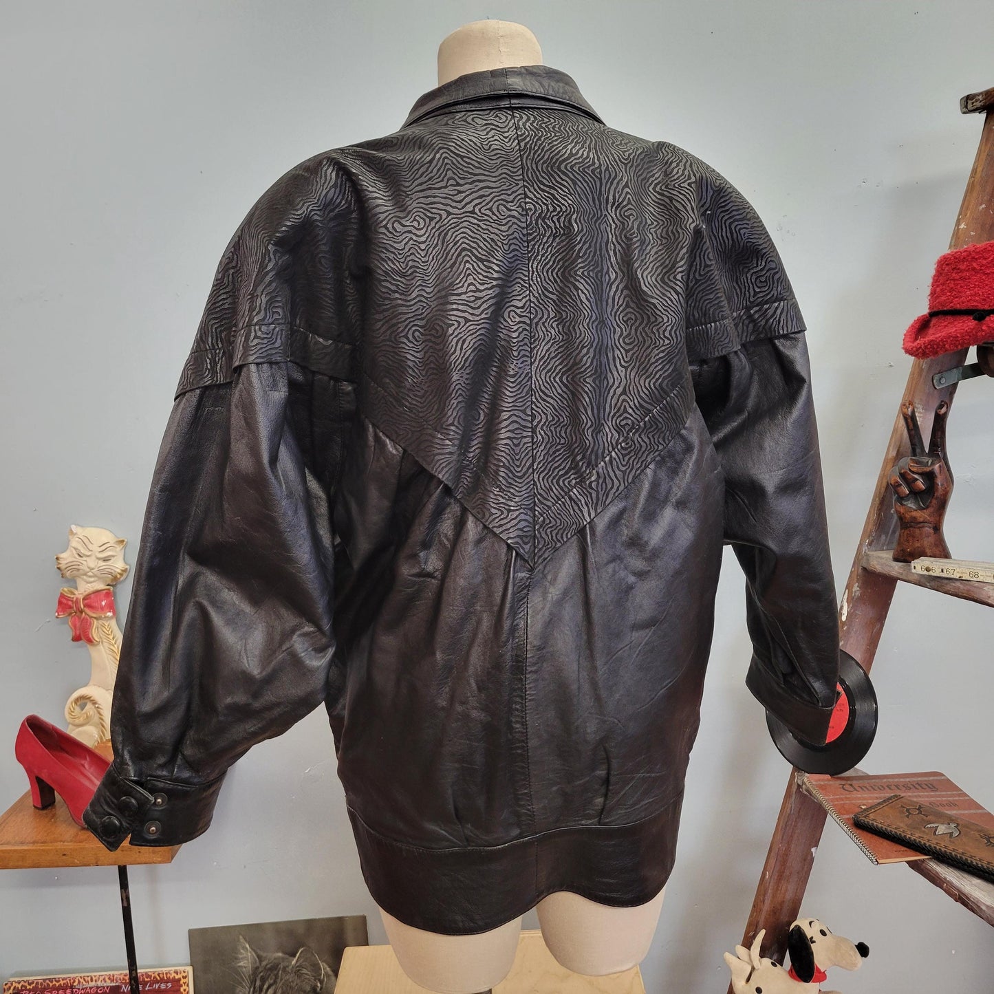 vtg 80s PATTERNED LEATHER JACKET // vintage glampier xl womens abstract print shoulder pads funky structured oversized black leather trench