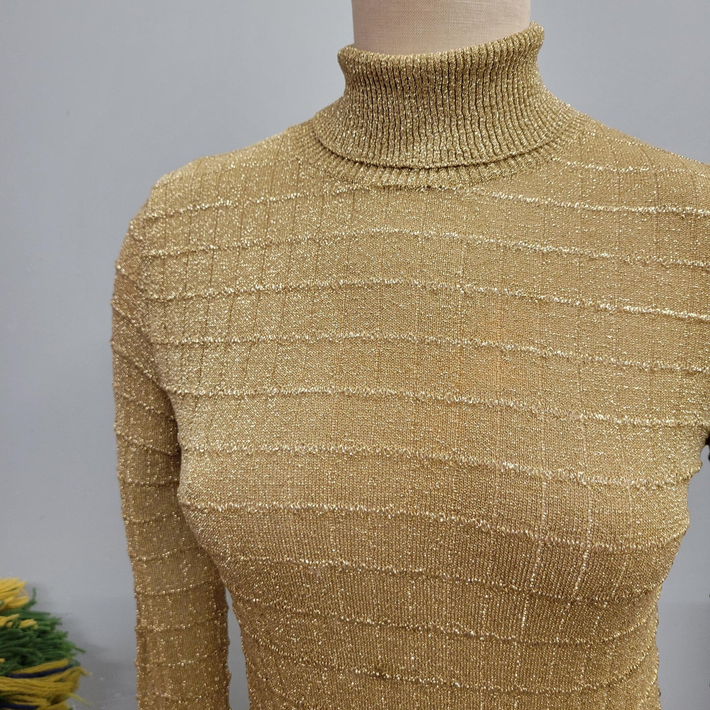 vtg 80s GOLD LUREX TOP // vintage womens medium lurex ribbed 3d textured sparkly glitter mesh mock neck top nicole for arbe disco blouse top