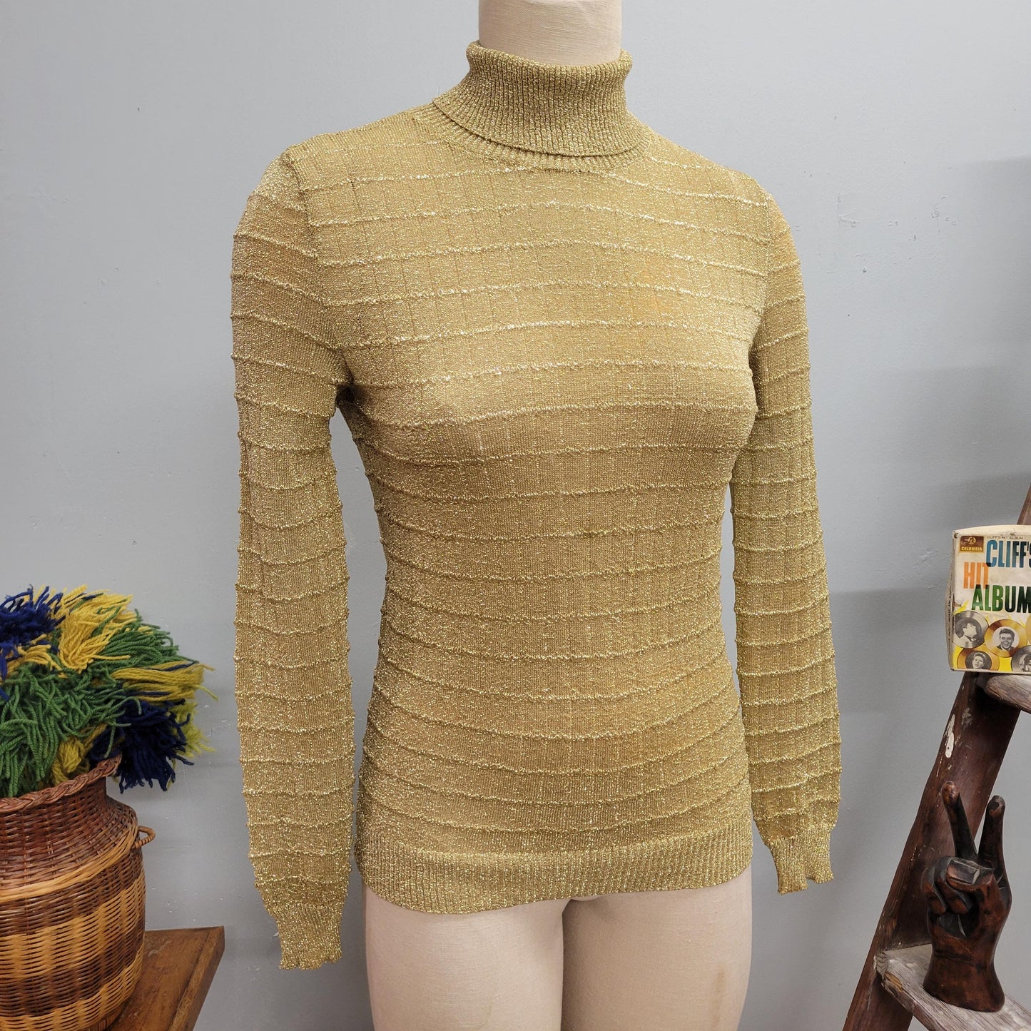 vtg 80s GOLD LUREX TOP // vintage womens medium lurex ribbed 3d textured sparkly glitter mesh mock neck top nicole for arbe disco blouse top
