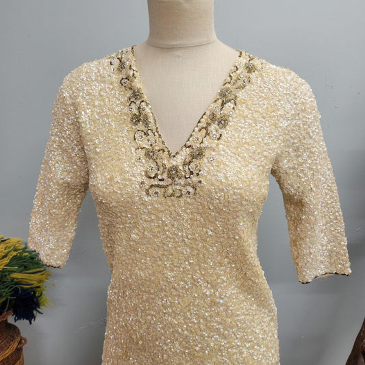 vtg 70s GENE SHELLY MINI Dress // vintage fully sequined gene shellys boutque internationale deep vee ivory tunic micro mini beaded blouse