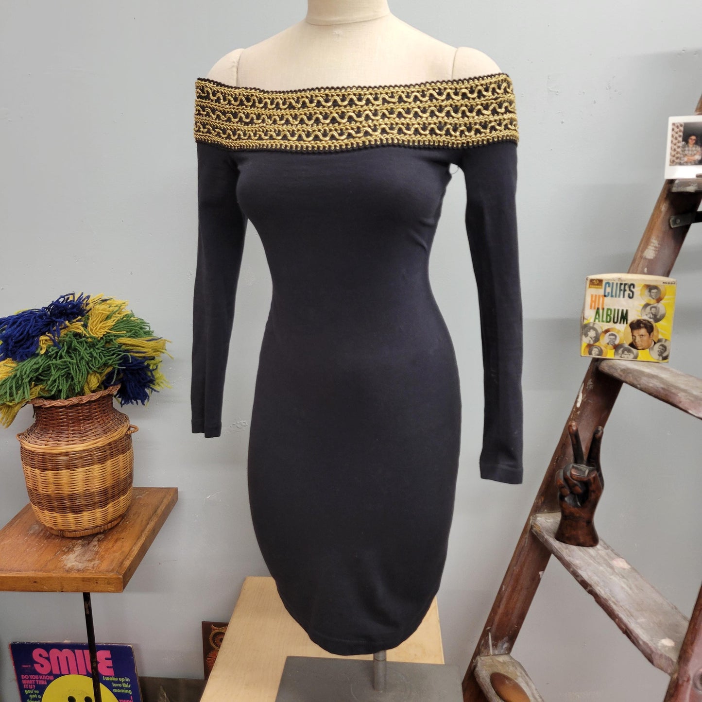 vtg 80s CONTEMPO CASUALS DRESS // vintage gold black contempo casuals medium womens off the shoulder sexy gold embroidered wiggle cocktail