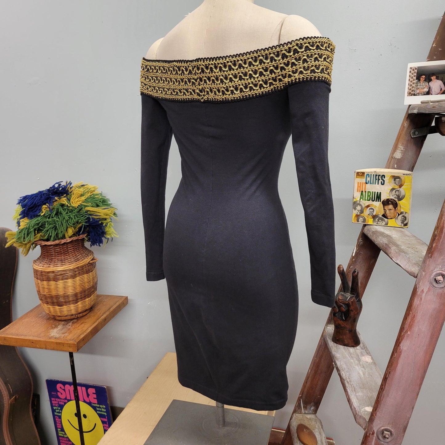 vtg 80s CONTEMPO CASUALS DRESS // vintage gold black contempo casuals medium womens off the shoulder sexy gold embroidered wiggle cocktail