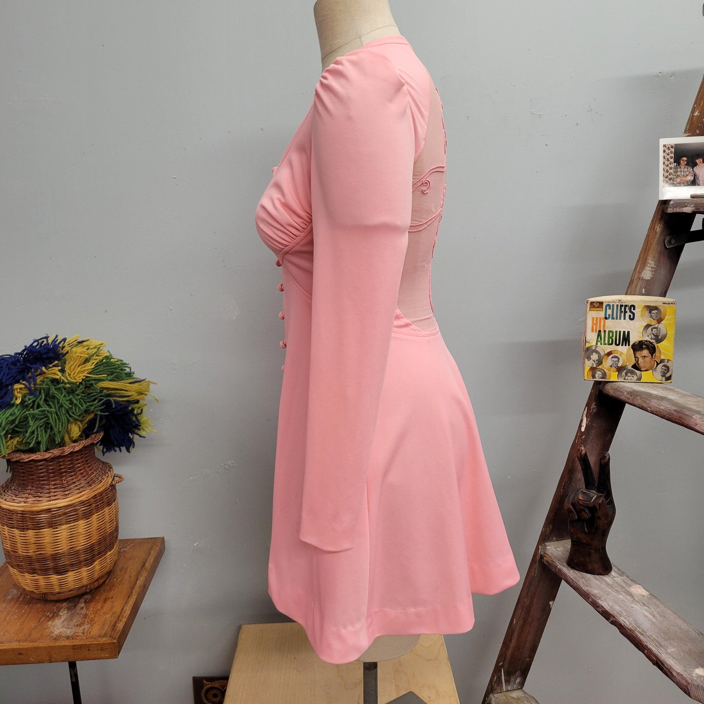 vtg 60s PINK CUT OUT Dress // vintage mikey jrs womens small pastel fairy mesh embroidered scoop mod retro Barbie cute winter figure skating