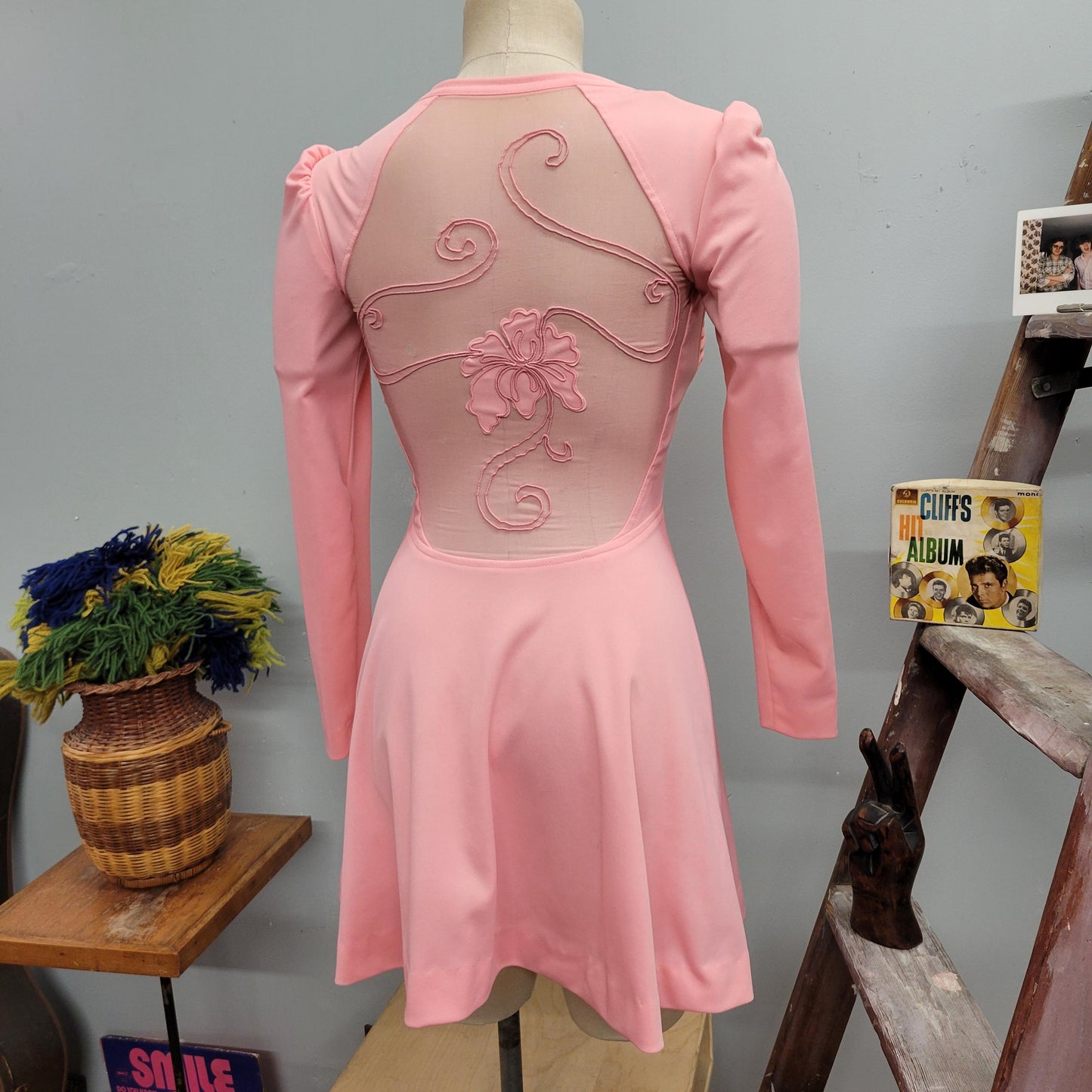 vtg 60s PINK CUT OUT Dress // vintage mikey jrs womens small pastel fairy mesh embroidered scoop mod retro Barbie cute winter figure skating