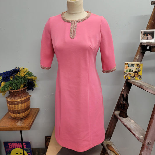 vtg 60s MOD PINK TINSEL Dress // vintage union made size 14 1/2 large beaded embellished tinsel trim barbie pink split flare sleeve keyhole