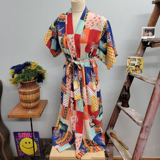 vtg 90s SILKY PATCHWORK ROBE // vintage womens multi size abstract plaid retro americana folk art style belted house robe maxi y2k jacket