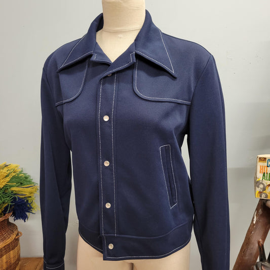 vtg 70s LEISURE SUIT JACKET // vintage leisure mates medium retro navy blue pointy collared hippie mod saturday night fever cropped style