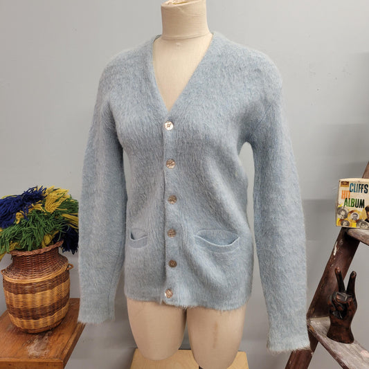 vtg 70s BLUE MOHAIR SWEATER // vintage ice blue cardigan medium v neck shaggy kurt cobain fuzzy pastel button up autumn winter minimalist