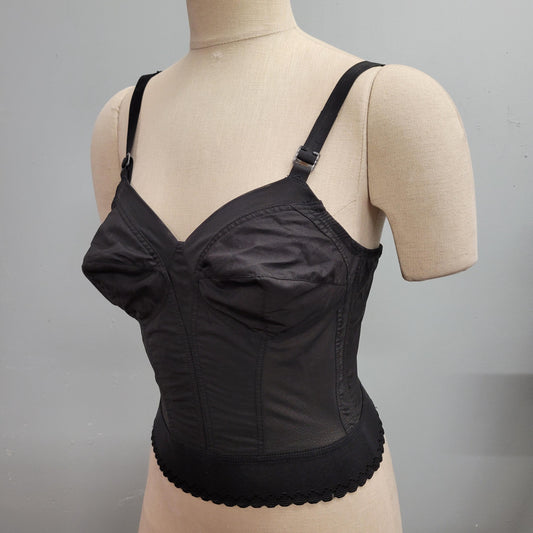 vtg 70s BLACK CORSET BRA // vintage exquisite form sexy mesh top 34 b low cut back see through sheer black bullet bra figure shaping tank
