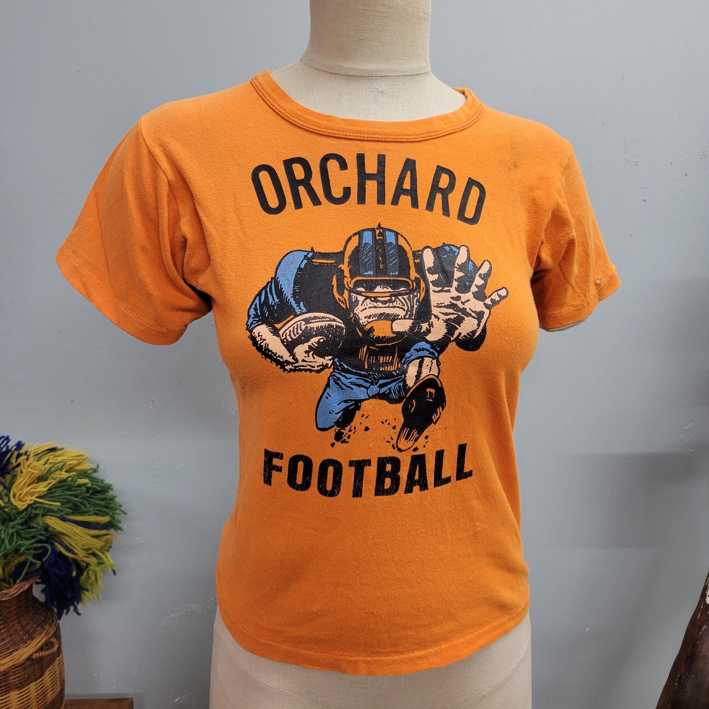 vtg 70s ORCHARD FOOTBALL TSHIRT // vintage russell small playoff cute femme style french cut iron on sports graphic baby tee soft thin top