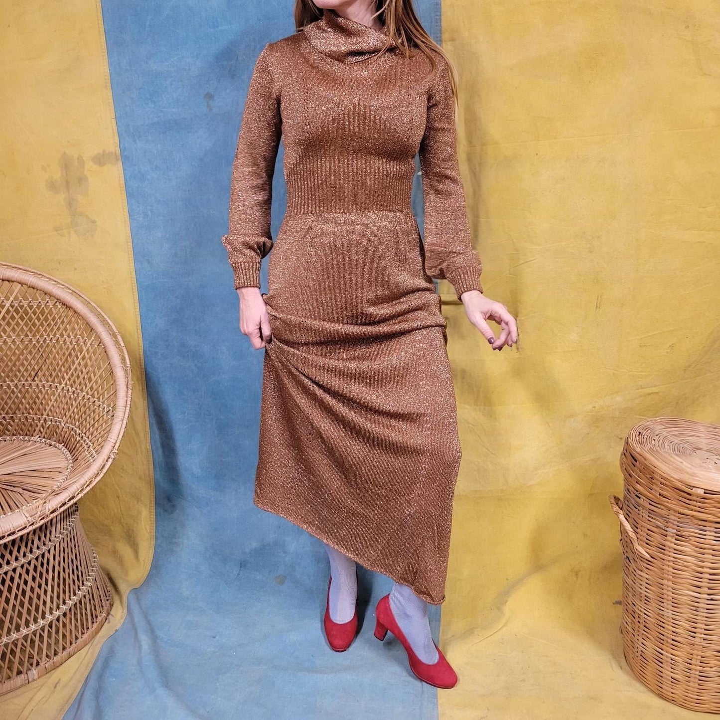 vtg 70s GOLD LUREX DRESS // vintage womens medium metallic knit sparkly glitter cowl neck roncelli style full length autumn cocktail party