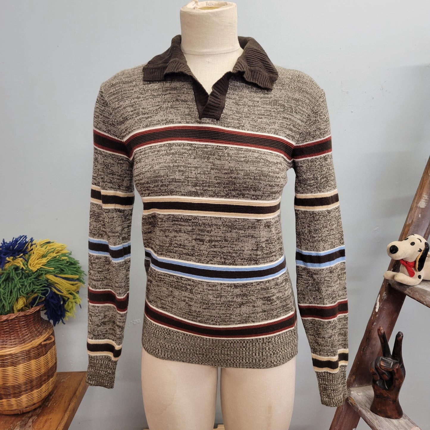 vtg 70s STRIPED SWEATER TOP // vintage gary reed small unisex retro autumn tones collared knit long sleeve striped that 70s show tv style