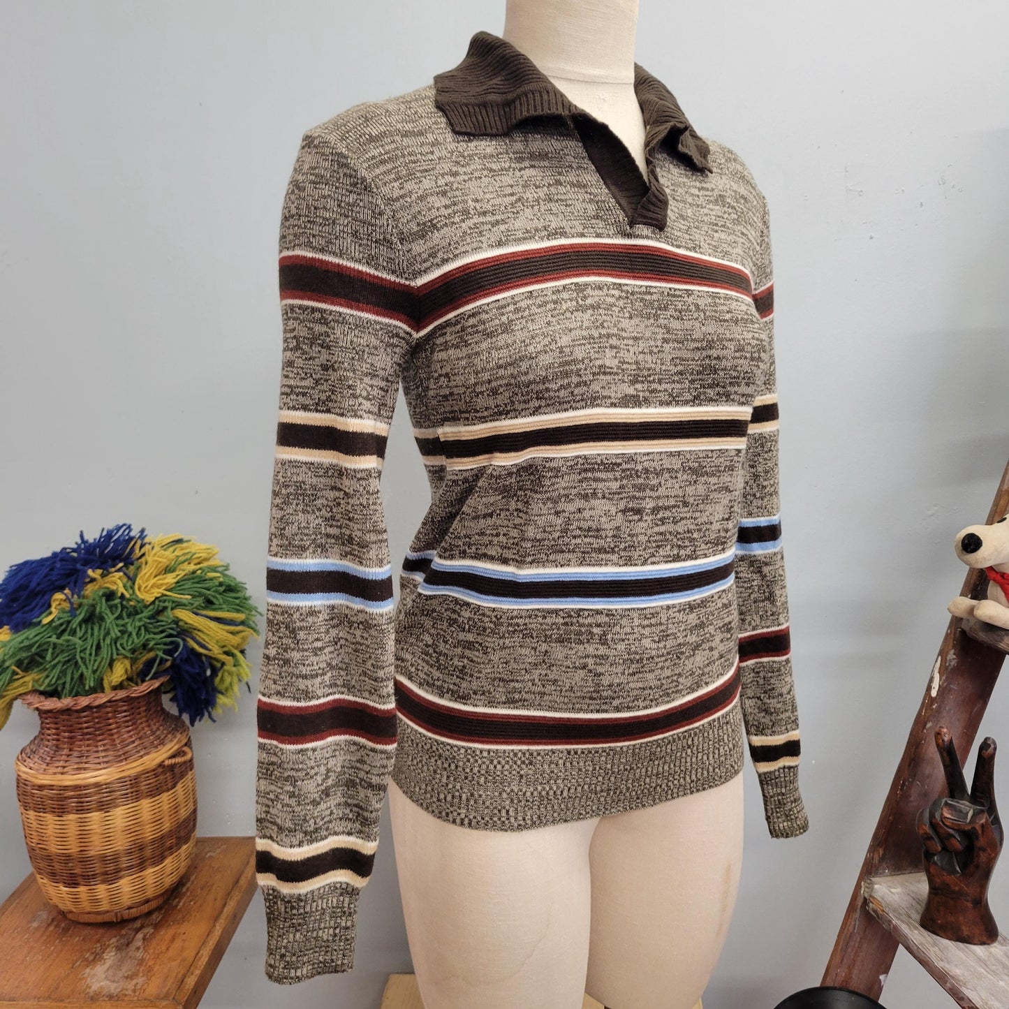 vtg 70s STRIPED SWEATER TOP // vintage gary reed small unisex retro autumn tones collared knit long sleeve striped that 70s show tv style