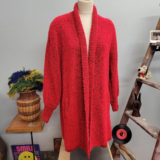 vtg 80s LONG KNIT CARDIGAN // vintage sideffects womens small oversized black red space dye shawl collar sweater jacket autumn winter coat