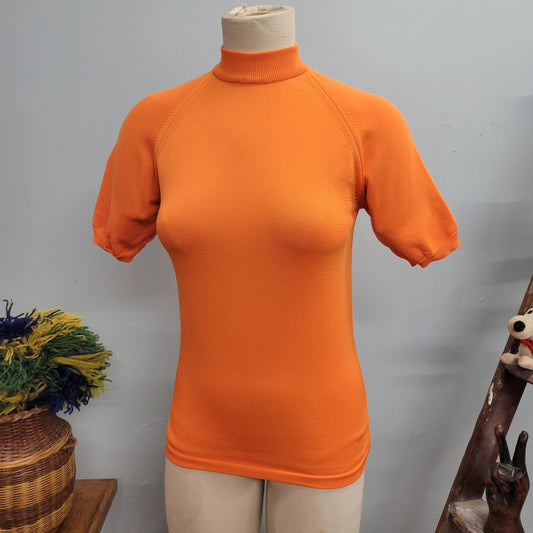 vtg 60s ORANGE KNIT TOP // vintage mod retro mock neck day glow autumn colors winter layers warm casual stylish womens fall fashion sweater