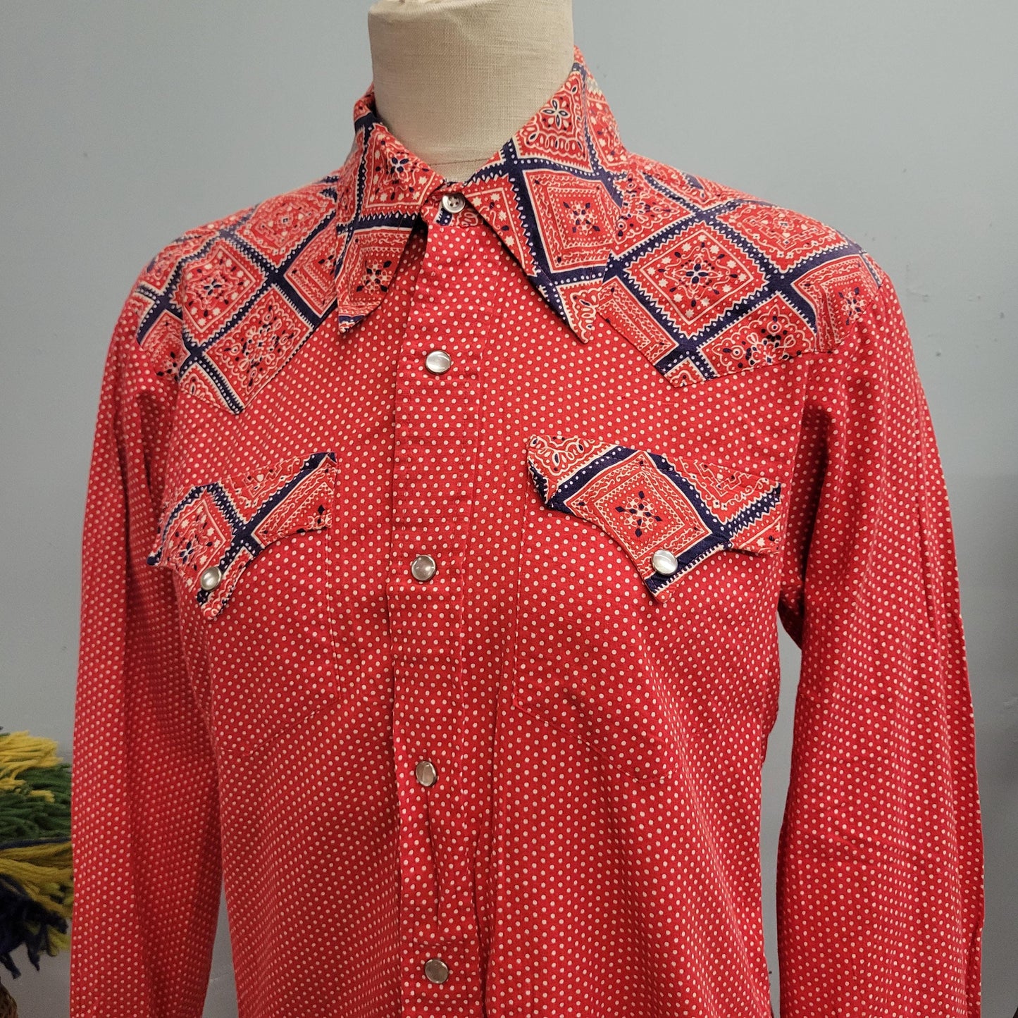 vtg 70s WESTERN BUTTON DOWN // vintage h bar c california ranchwear mens medium distressed bandana pattern hippie pearl snap cowboy rodeo