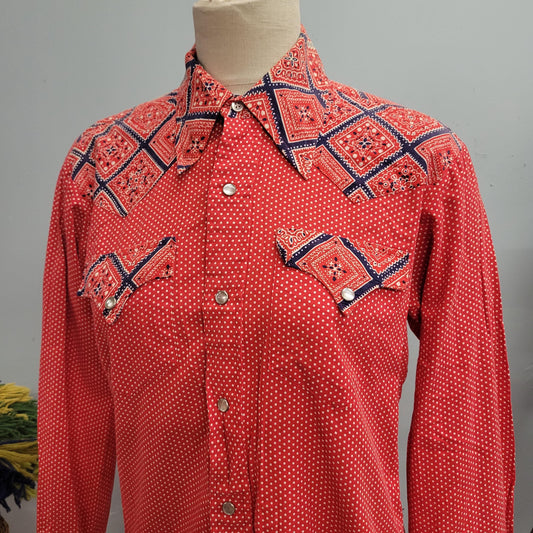 vtg 70s WESTERN BUTTON DOWN // vintage h bar c california ranchwear mens medium distressed bandana pattern hippie pearl snap cowboy rodeo