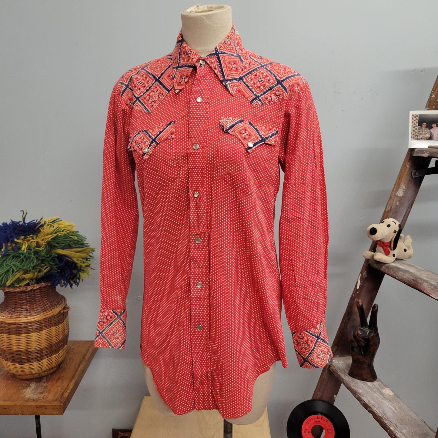 vtg 70s WESTERN BUTTON DOWN // vintage h bar c california ranchwear mens medium distressed bandana pattern hippie pearl snap cowboy rodeo