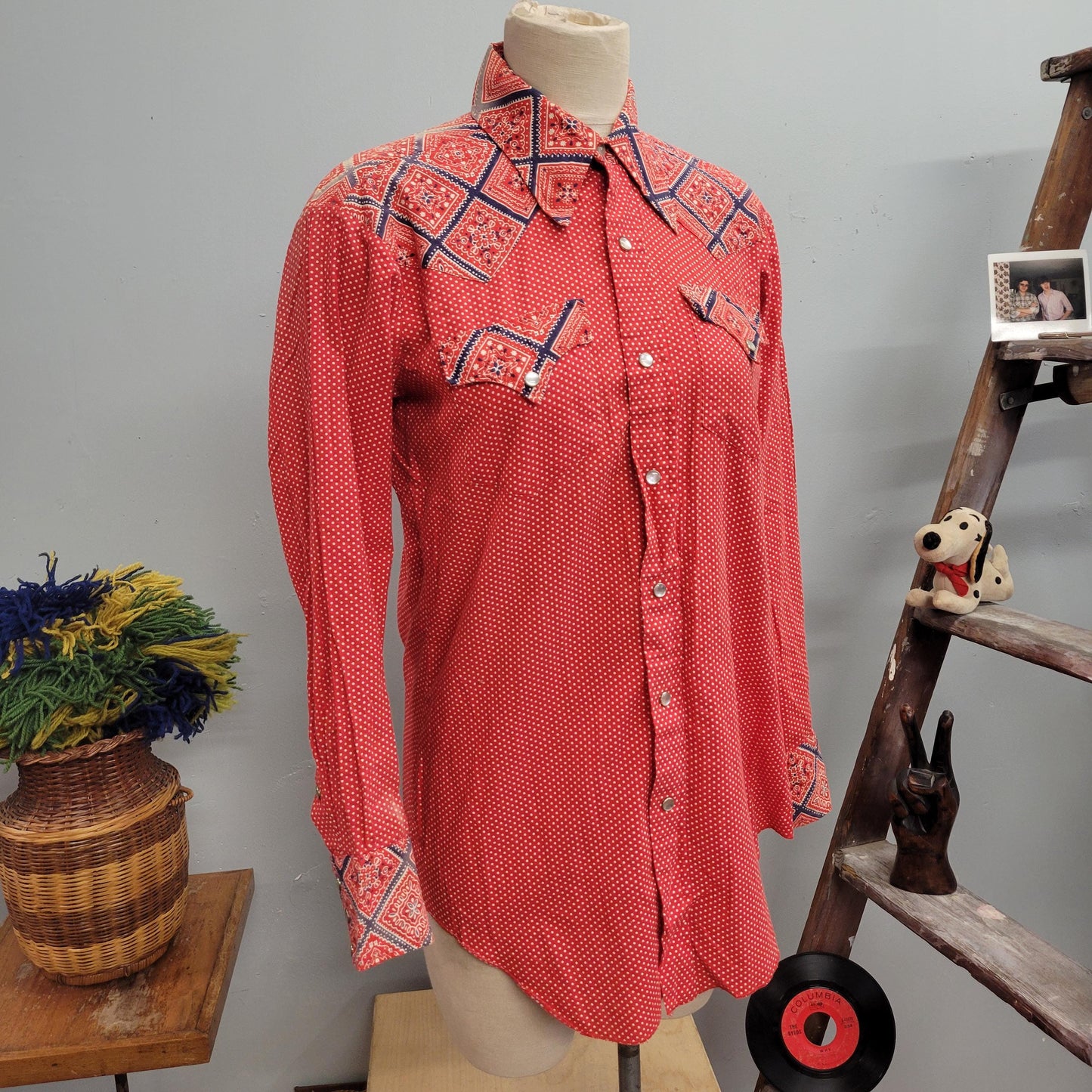 vtg 70s WESTERN BUTTON DOWN // vintage h bar c california ranchwear mens medium distressed bandana pattern hippie pearl snap cowboy rodeo