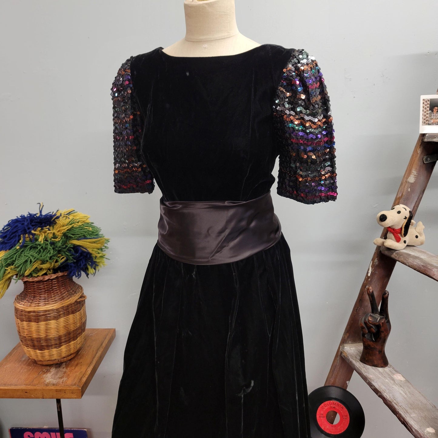 vtg 70s VELVET SEQUINED DRESS // vintage neiman marcus womens small rainbow beaded puff sleeve satin black velvet retro prom formal bow tie