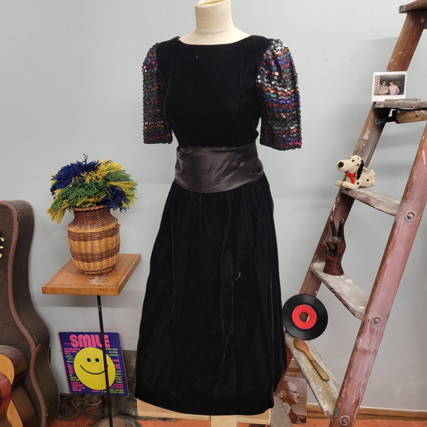 vtg 70s VELVET SEQUINED DRESS // vintage neiman marcus womens small rainbow beaded puff sleeve satin black velvet retro prom formal bow tie