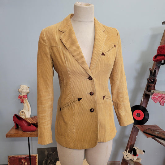vtg 70s CORDUROY BLAZER  // vintage changing scene 7/8 womens medium disco retro arrows rockabilly revival beige neutral tones autumn style