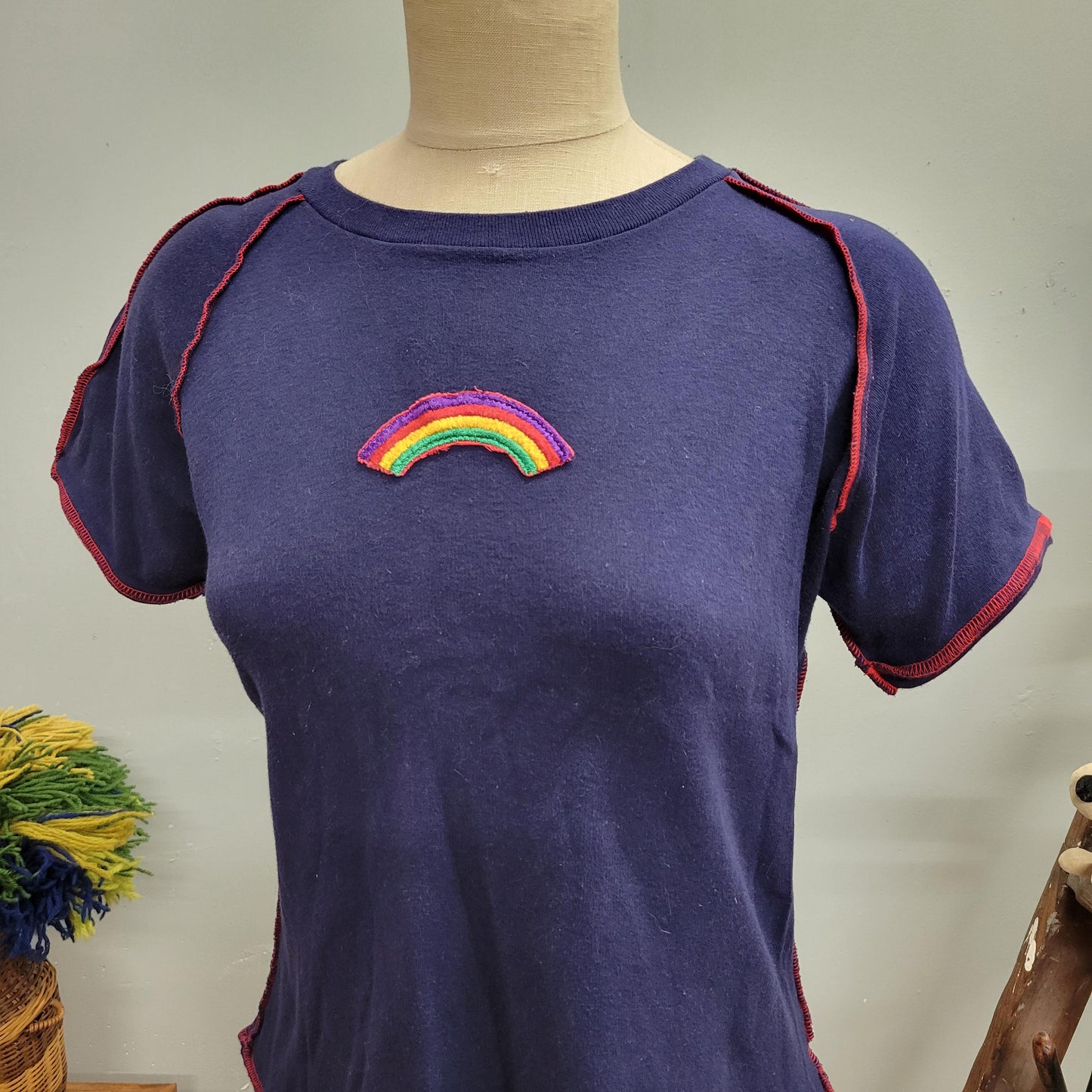 vtg 70s RAINBOW EMBROIDERED TOP // vintage wrangler tshirt medium women’s super retro hippie style French cut femme fit cute California tee