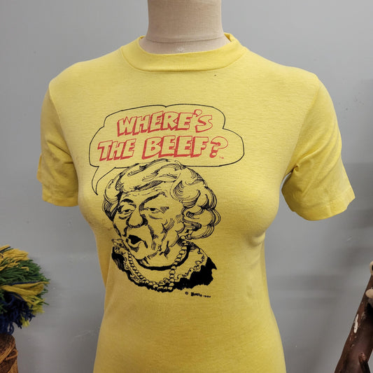 vtg 80s WENDYS BEEF TSHIRT // vintage funny food 1984 teammates adult unisex small paper thin hand drawn restaurant staff retro fast food