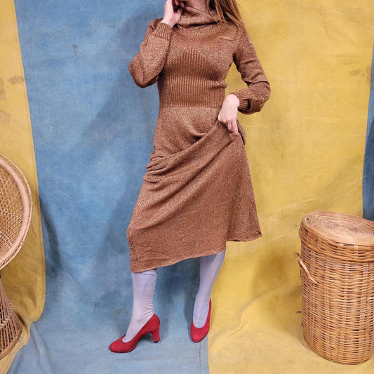 vtg 70s GOLD LUREX DRESS // vintage womens medium metallic knit sparkly glitter cowl neck roncelli style full length autumn cocktail party