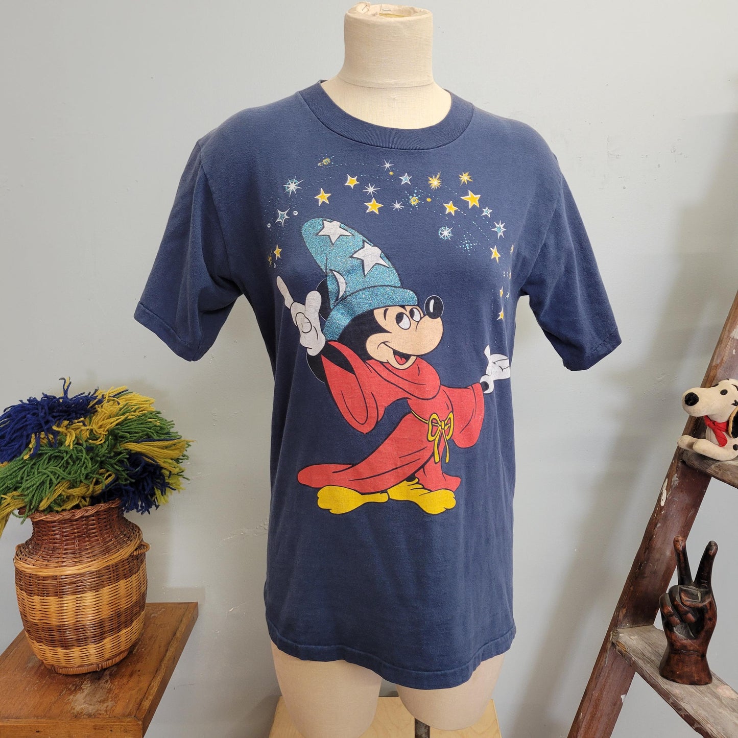 vtg 80s DISNEY FANTASIA SHIRT // vintage mickey mouse disney large unisex wizard magic mickey faded distressed big print stars blue thin tee