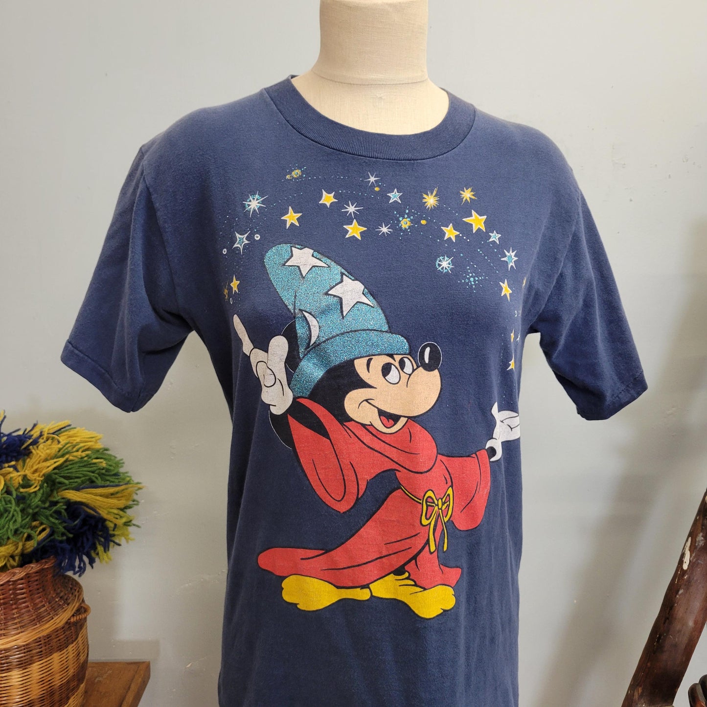 vtg 80s DISNEY FANTASIA SHIRT // vintage mickey mouse disney large unisex wizard magic mickey faded distressed big print stars blue thin tee