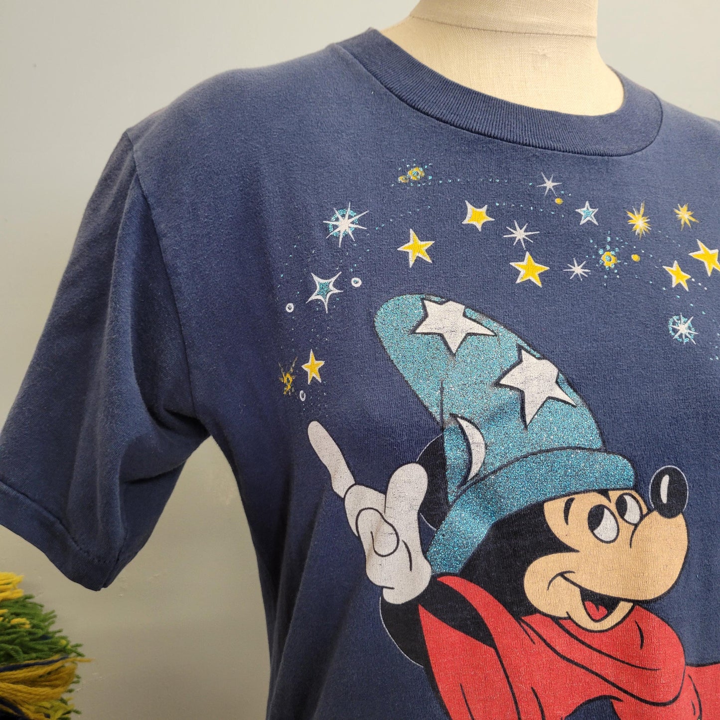 vtg 80s DISNEY FANTASIA SHIRT // vintage mickey mouse disney large unisex wizard magic mickey faded distressed big print stars blue thin tee