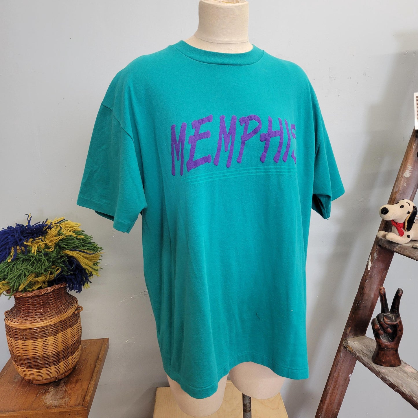 vtg 80s MEMPHIS TSHIRT // vintage shirt hanes heavyweight XL unisex teal purple retro elvis single stitch puff paint 90s rock band baggy tee