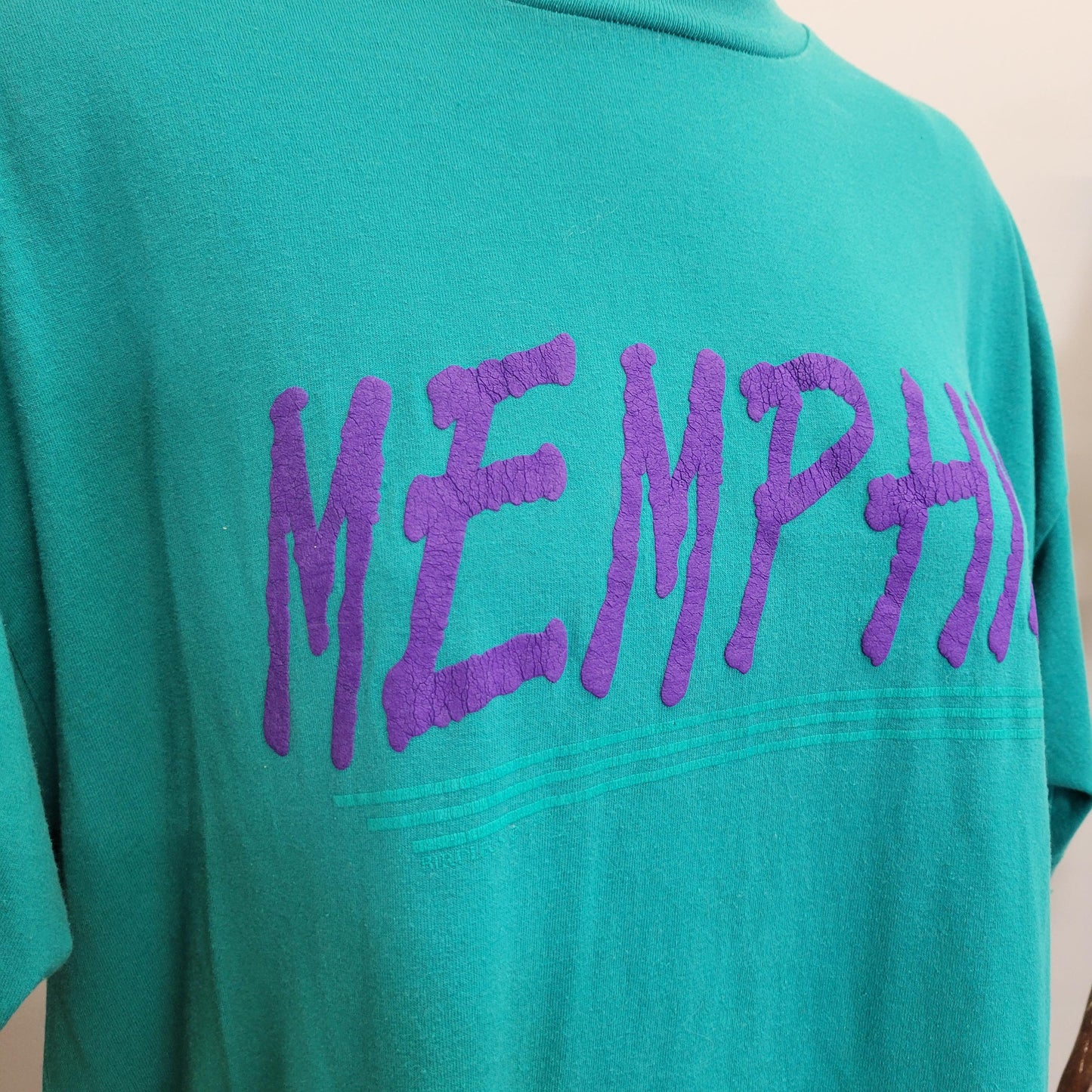 vtg 80s MEMPHIS TSHIRT // vintage shirt hanes heavyweight XL unisex teal purple retro elvis single stitch puff paint 90s rock band baggy tee
