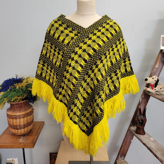 vtg 70s FRINGE PONCHO // vintage bright yellow psychedelic autumn cape hippie retro boho fall fashion bohemian shaggy winter shawl cover up