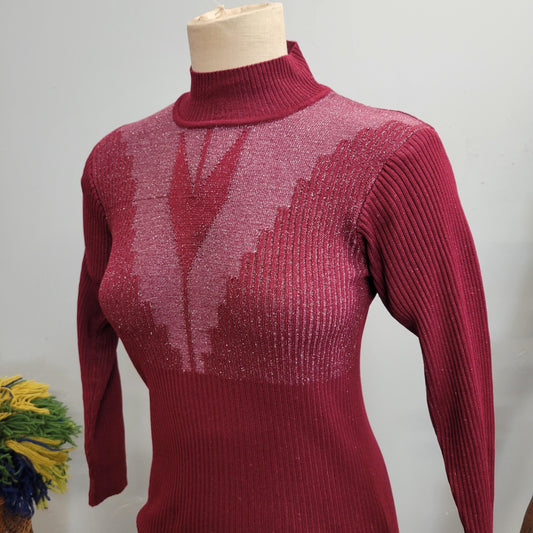 vtg 70s BURGUNDY LUREX SWEATER // vintage small womens mock neck space age metallic knit retro sparkly glitter v neck psychedelic art deco