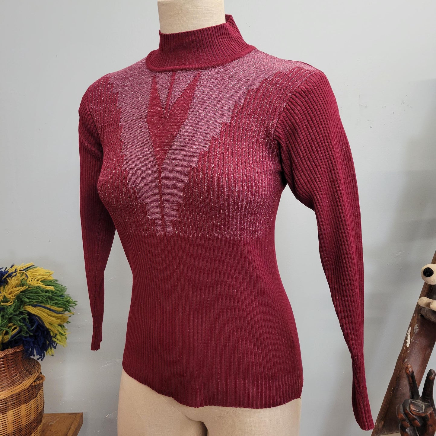 vtg 70s BURGUNDY LUREX SWEATER // vintage small womens mock neck space age metallic knit retro sparkly glitter v neck psychedelic art deco