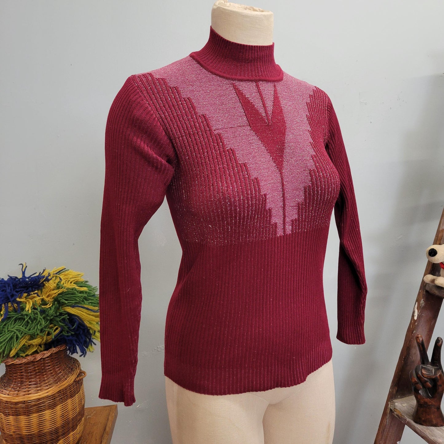 vtg 70s BURGUNDY LUREX SWEATER // vintage small womens mock neck space age metallic knit retro sparkly glitter v neck psychedelic art deco
