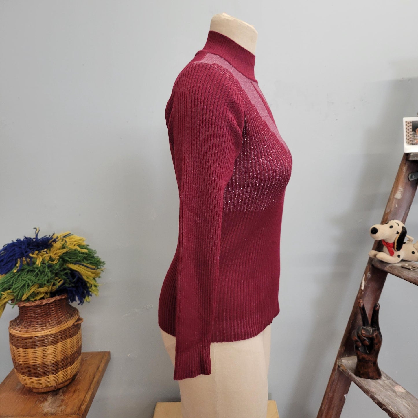 vtg 70s BURGUNDY LUREX SWEATER // vintage small womens mock neck space age metallic knit retro sparkly glitter v neck psychedelic art deco