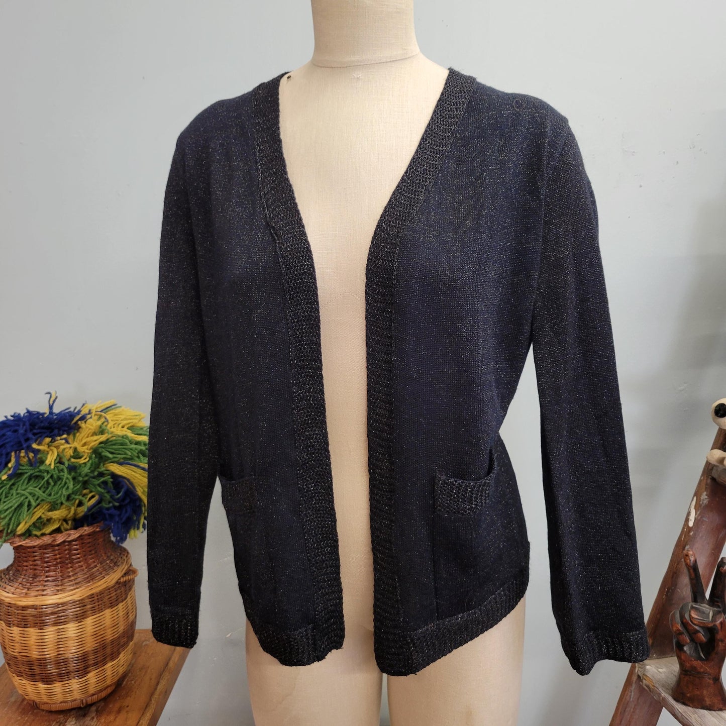 vtg 70s BLACK LUREX CARDIGAN / vintage glitter sweater joyce medium womens sparkly fastive autumn sleek retro disco metallic knit xmas party