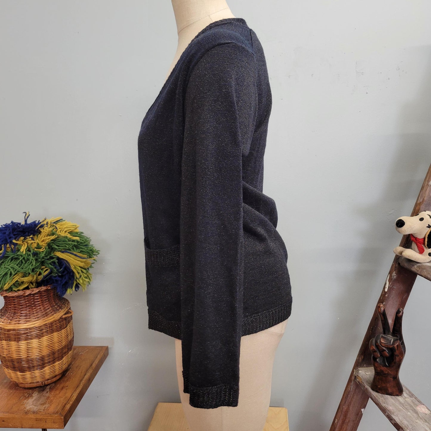 vtg 70s BLACK LUREX CARDIGAN / vintage glitter sweater joyce medium womens sparkly fastive autumn sleek retro disco metallic knit xmas party