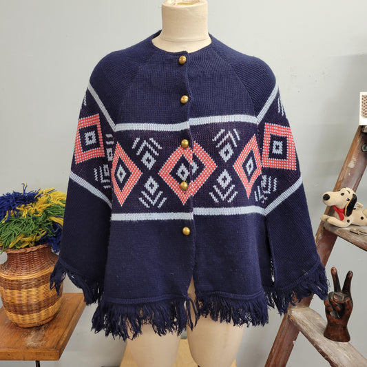 vtg 70s FRINGE PONCHO SWEATER // vintage abstract geometric pattern button up shaggy cape retro hippie mod autumn winter knit cardigan top